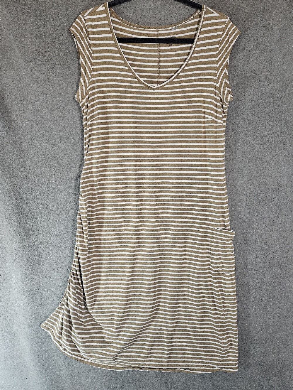 Toad & Co Dress Large Organic Cotton Blend Cap Sleeve VNeck Brown Stripe Lagen